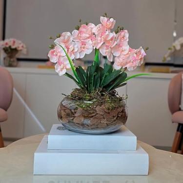 Imagem de Arranjo de Orquídea Artificial em Vaso de Vidro Decorativo para Sala, Lavabo e Escritório(Rosa)