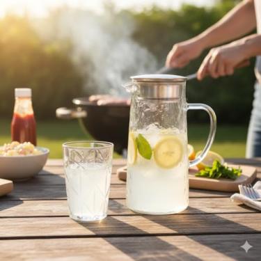 Imagem de Kit Jarra de Vidro 1,5L com Tampa Hermética em Aço Inox + 6 Copos de Vidro 310ml, Transparente, Design Texturizado, para Água e Sucos
