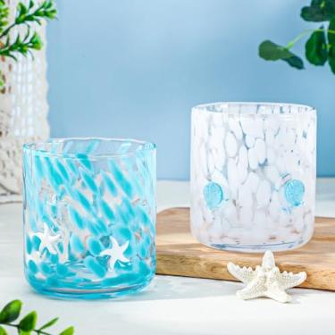 Imagem de Whaline 2 peças copo de suco ícone oceano 400 ml estrela do mar concha copo de vinho sem haste copos de coquetel para lembrancinhas de festa em casa suprimentos de presente