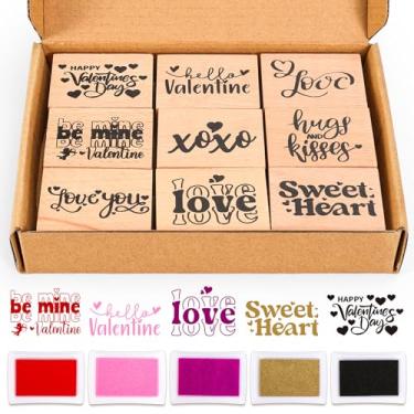 Imagem de JarThenaAMCS 14 carimbos de borracha de madeira Feliz Dia dos Namorados com almofadas de tinta artesanais Love Sweet Heart Letter DIY Carimbos de artesanato para decoração de festas, scrapbooking
