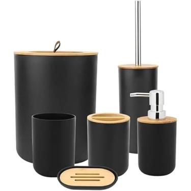 Imagem de KIT Banheiro de Plástico 6 Peças Bambu Preto, Porta Sabonete, Dispenser, Escova, Elegante, Decorativo, Lavabo, Organizador