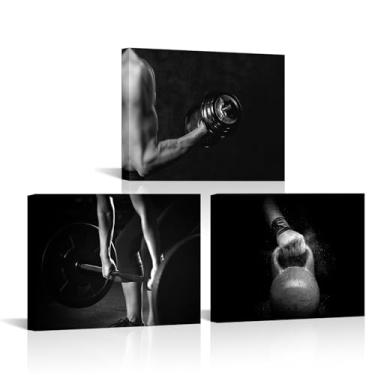 Imagem de KLVOS 3 painéis preto e branco em tela de ginástica arte de parede com halteres pintura esportiva pôster de halterofilismo decoração para quarto escritório pronto para pendurar 30,5 x 40,6 cm