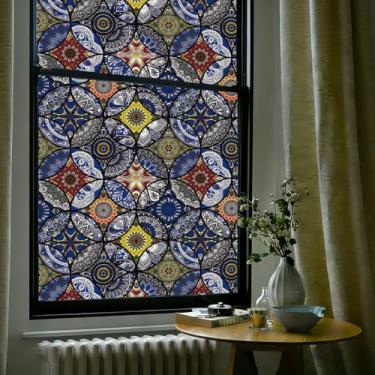 Imagem de OHTMERU Película decorativa de privacidade para janela de vitral, adesivo de vidro fosco com aderência estática, opaco, controle de calor, bloqueio UV, filme Boho para janela para porta da frente