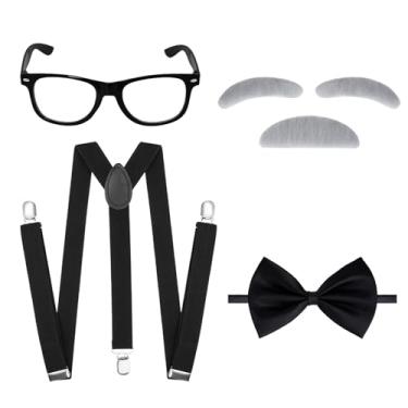 Imagem de Hmxpls Kit de fantasia de velho vovô 5 peças - óculos, bigode cinza e sobrancelhas, gravata borboleta, suspensórios, Preto, One Size