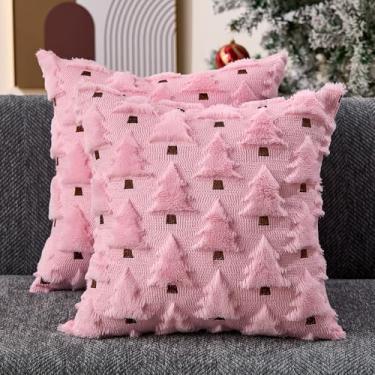 Imagem de Allorry Capas de almofada de Natal 45,7 x 45,72 cm conjunto de 2 decorações de Natal rosa de pelúcia macia lã sintética árvore de Natal, decoração de férias de inverno para sofá sala de estar PT002E18