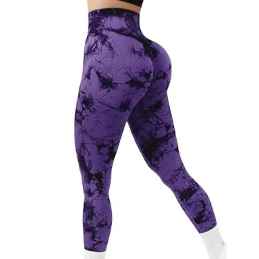 Imagem de tincolia Meia-calça legging feminina tie dye cintura alta levanta bumbum controle de barriga push up sem costura calças de ioga exercícios - roxo-GG