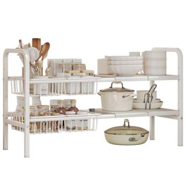 Imagem de Dazioter Organizador e armazenamento sob a pia prateleiras expansíveis de 2 camadas para armário de cozinha com 4 cestas e 4 painéis para prateleira de balcão de banheiro despensa