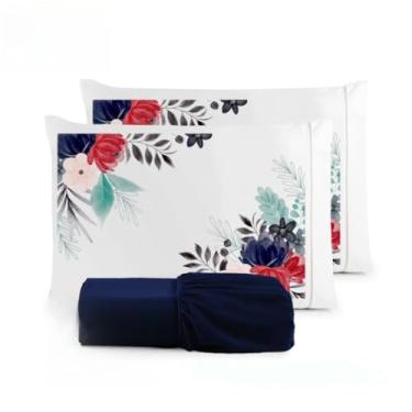 Imagem de Kit Jogo De Cama Lençol Liso Fronha Estampada Micropercal 400 Fios Ponto Palito(Flor Vermelha Lençol Marinho,Casal King 03 Peças)