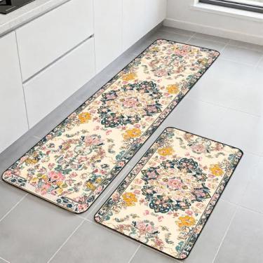 Imagem de AOHMPT Conjunto de 2 tapetes de cozinha, tapetes laváveis antiderrapantes de baixo perfil, tapetes decorativos coloridos para pia e fogão de cozinha, 43 x 70 cm + 43 x 120 cm