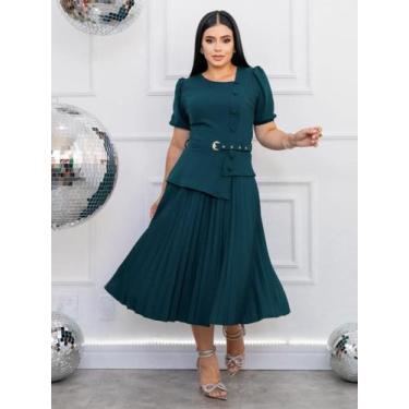 Imagem de Vestido Midi Soltinho Rodado Moda Evangélica Decote Quadrado com Cinto