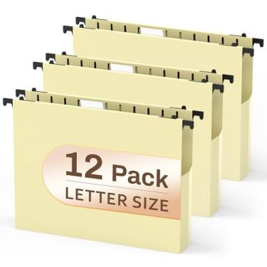 Imagem de Pastas de arquivo de plástico com capacidade extra, pacote com 12 pastas suspensas reforçadas, expansão de 5 cm, tamanho carta para arquivos em massa/gráficos médicos (amarelo creme)