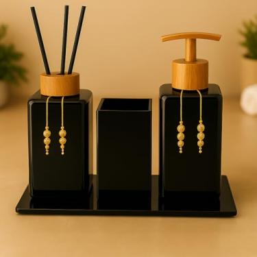 Imagem de Kit de Lavabo com Frascos Vazios - Sabonete Líquido, Aromatizante, Porta-Escovas e Bandeja, Funcional para Banheiro Doméstico (Preto Total C/Amadeirado)