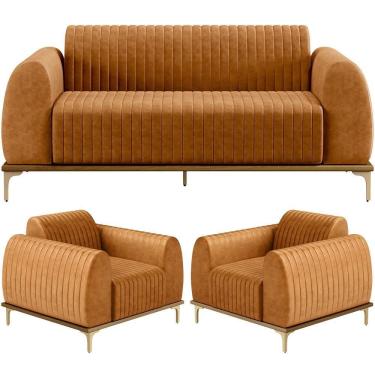 Imagem de Kit Sofá 3 Lugares 210cm Com 02 Poltronas Molino Base Castanho Pés D'ouro D02 Couríssimo Whisky B-90 - Lyam Decor