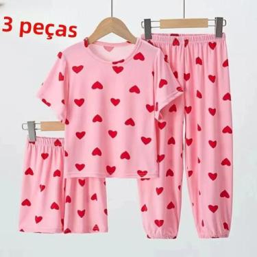 Imagem de Conjunto De Pijama De Verão Para Meninas Com Manga Curta 3 Peças Confo