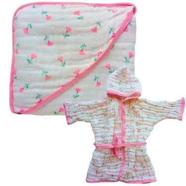 Imagem de Kit 1 Toalha de Banho Bebe Soft com Capuz de Fralda + 1 Roupão com Cap
