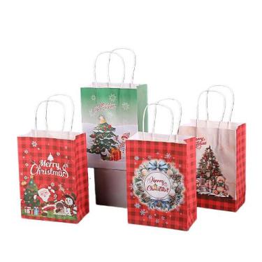 Imagem de Conjunto de sacolas de presente Kraft de Natal xadrez com estampas nat