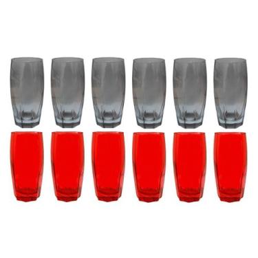 Imagem de Jogo de 12 Copos de Vidro 370ML Duas Cores Cinza Vermelho - PRATICASA,
