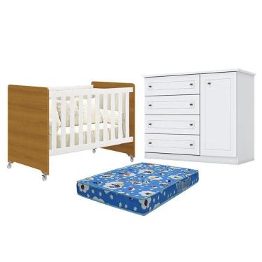 Imagem de Berço Americano Evolution 4 Em 1 Branco Acetinado Savana Reller E Cômoda Americano Branco E Colchão Tendtudo - Henn