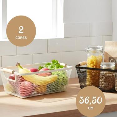 Imagem de Cesto Organizador Telado com Alça de Madeira Retangular para Alimentos