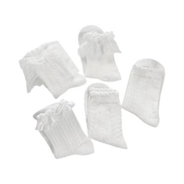 Imagem de Meias Lolita Brancas Com Laço De Renda, 5 a 15 Pares, Cano Médio, Esti