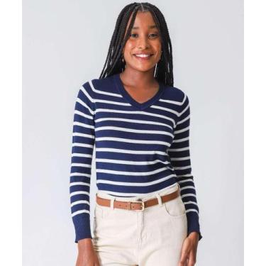 Imagem de Suéter Feminino Listrado Gola V Marisa Azul-52099, Azul, G