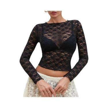 Imagem de Camiseta Feminina Sexy De Renda Transparente Com Manga Longa, Decote R