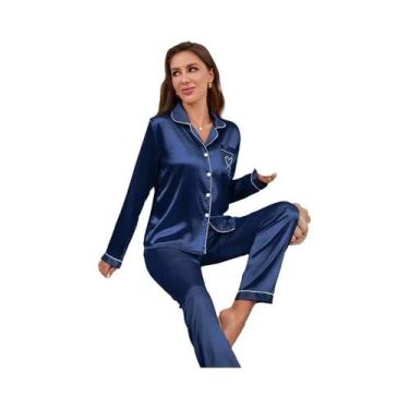 Imagem de Conjunto De Pijama De Seda Para Mulheres Com Manga Longa, Bolso E Bord