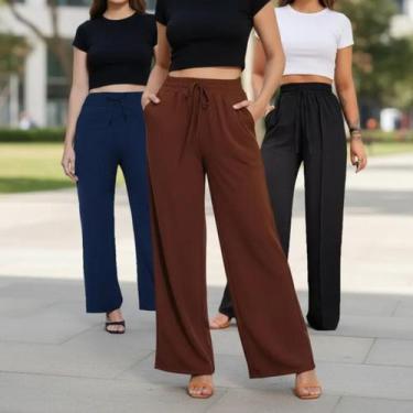 Imagem de Kit Com 3 Calças Pantalona Wide Leg Cintura Alta Duna Feminina Social 