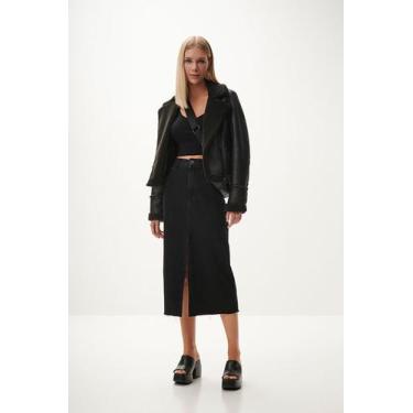 Imagem de Saia Jeans Preta Midi Cintura Alta com Fenda - LezaLez, Preto, 44