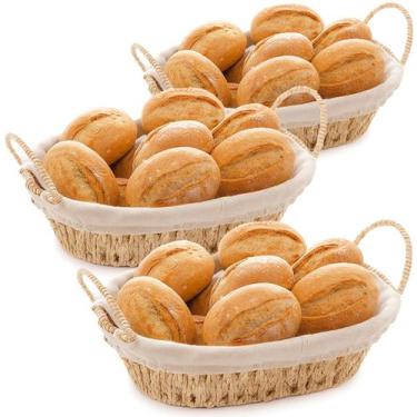 Imagem de Kit 3 Cesto Oval de Papel com Alça e Forro em Tecido Pão Frutas Piquen