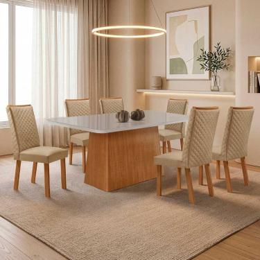 Imagem de Conjunto de Jantar Aida Lira 6 Lugares Tampo MDF com Vidro Serigrafado Off White 180CM Moderna