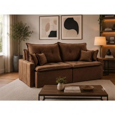 Imagem de Sofá Orfeu 3 Lugares Retrátil e Reclinável 240CM Marrom Veludo Assento Pillow D28 Estrutura Madeira