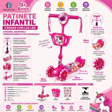 Imagem de Patinete Infantil 3 Rodas com Luz LED Unicórnio Rosa Importudo