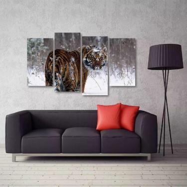 Imagem de Quadro Decorativo Tigre Na Neve Mosaico Em Tecido 4 Peças 1
