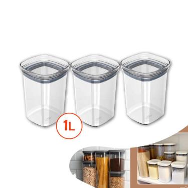 Imagem de Kit 3 Pote Tampa Hermético 1l Organizador Alimento Armário Cozinha Block - Ou