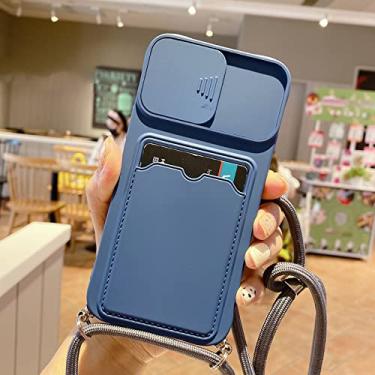 Imagem de Capa de telefone com alça de cordão de pescoço para iPhone 12 11 Pro Max X XR XS Max 7 8 Plus Porta Cartão de Carteira Lente Deslizante Capa Protetor de Câmera, Marinho, Para iPhone 12