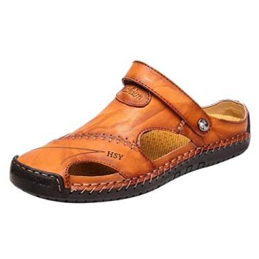 Imagem de Sandálias de praia masculinas de couro respiráveis sapatos casuais ao ar livre sandálias masculinas sandálias masculinas 9,5 couro, Amarelo, 9.5