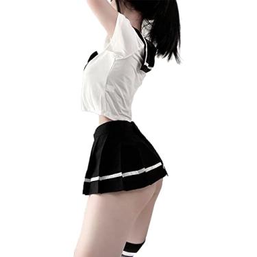 Imagem de Temptshow Roupa de empregada de estudante de anime japonês, sexy de um ombro só, babydoll, saia plissada fofa (preto1)
