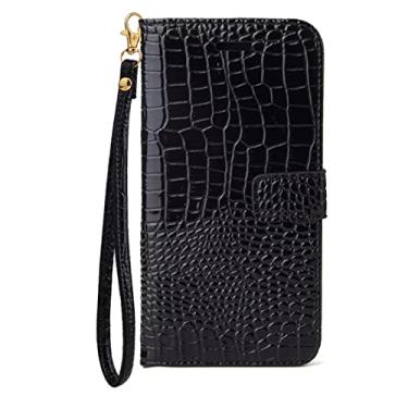 Imagem de YINGDAFENG Capa flip para iPhone 14/14 Pro/14 Plus/14 Pro Max, capa carteira de couro de crocodilo com porta-cartões e função de suporte alça de pulso capa interna de TPU magnético, preta, 14 6,1 polegadas