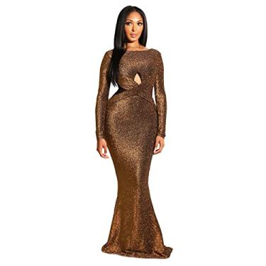 Imagem de Vestido de baile feminino elegante manga longa colado ao corpo longo vestido de noite de festa formal costas nuas vestido maxi de lantejoulas, marrom, M busto: 84 cm/33 pol.)