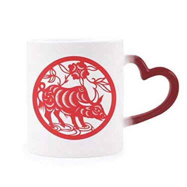 Imagem de Caneca de grés cortada em papel Ox Animal China Zodíaco Arte sensível ao calor Caneca vermelha que muda de cor