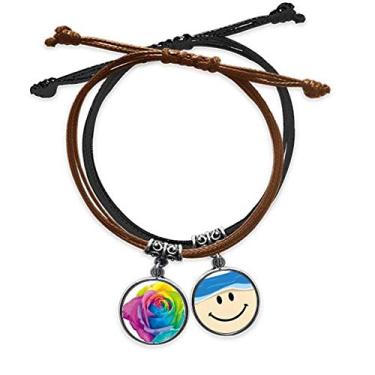 Imagem de DIYthinker Pulseira LGBT Rainbow Gay Flor LGBT Corrente de mão Couro Rosto Sorrindo