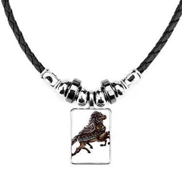 Imagem de DIYthinker Colar de cavalo de corrida armadura animal flor flor joia torque pingente de corda de couro