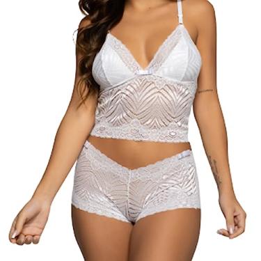 Imagem de Conjunto Baby Doll - Lingerie de Renda Sensual com Calcinha Caleçon e Sutiã - Moda Íntima Feminina, Linha Noite, Sutiã e Calcinha de Renda, Conjunto de Lingerie Sexy - Vicbela - BRANCO, G