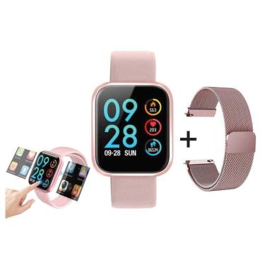 Relógio Smart watch P80 Pedômetro Bluetooth Pressão Arterial Frequência  Cardíaca Oxigênio(Rosa) com 2 Pulseiras (aço e borracha)