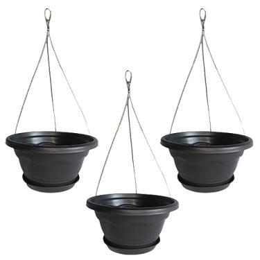 Imagem de Kit 3 Vaso Cuia 21 Suspenso Com Prato + Cabo de Aço 40cm Vaso Pendente de Parede Para Samambaia Preto de Plástico Reciclado - 1927