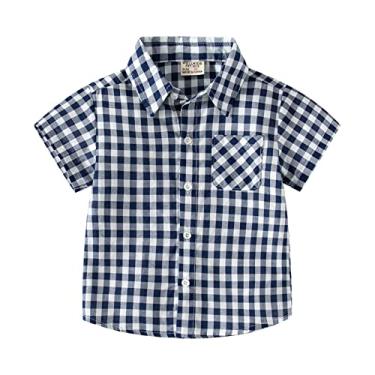 Imagem de Camiseta infantil de flanela tamanho 5 para meninos jaqueta xadrez manga curta lapela botão para baixo camisas infantis meninos, Azul, 4-5 Anos
