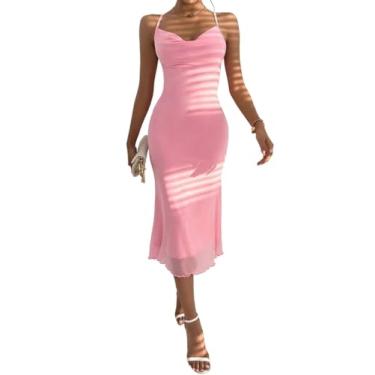 Imagem de Camisa Feminina Draped Collar Lettuce Trim Cami Dress (Color : Pink, Size : X-Small)