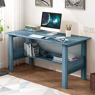 Imagem de Mesa de computador 99 cm com prateleiras moderna mesa de estudo para escritório em casa para pequenos espaços, quarto, notebook, mesa de trabalho, azul