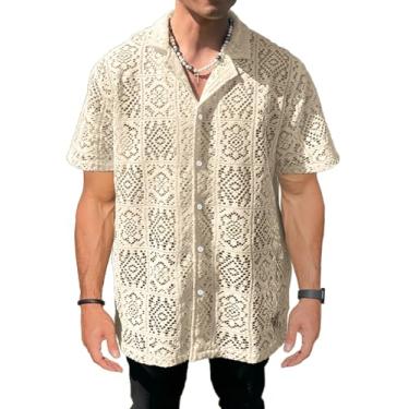 Imagem de Camisa masculina de renda transparente abotoada floral malha manga curta camiseta de malha aberta praia casual férias, Amarelo claro, G